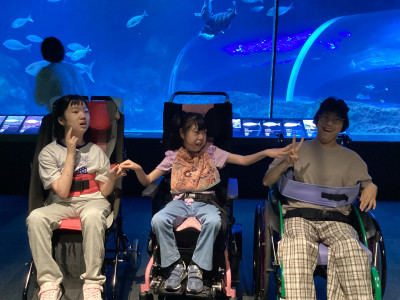 水族館でクラスの集合写真を撮影しています。