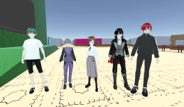 メタバースのような空間で、5体の異なる服装のアニメ調の3Dアバター（カジュアル、ゴシック、学生服風など）が一列に並んで立っている。