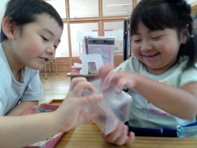 虫かごの中のコオロギを２人でのぞき込んでいます。