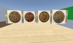 木材の床を背景に、4枚の円形のアート作品が展示されている。作品は、宇宙のような暗い円の中に、スペクトラムのようなカラフルなネオンカラーの線が飛び交う、デジタルアートやスクラッチアートのような視覚的に賑やかな抽象表現。