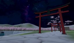 バーチャルな日本庭園のような風景。手前には石畳、湖または池の水面、そして鮮やかな朱色の大きな鳥居が立っている。鳥居の向こうには小さな鳥居がもう一つ見える。周囲には満開の薄ピンク色の桜の木々が広がり、遠くには緑の山が連なる。背景の夜空には、濃い青の雲と、ピンクや紫に輝く天の川（または星雲）と星々が見える。